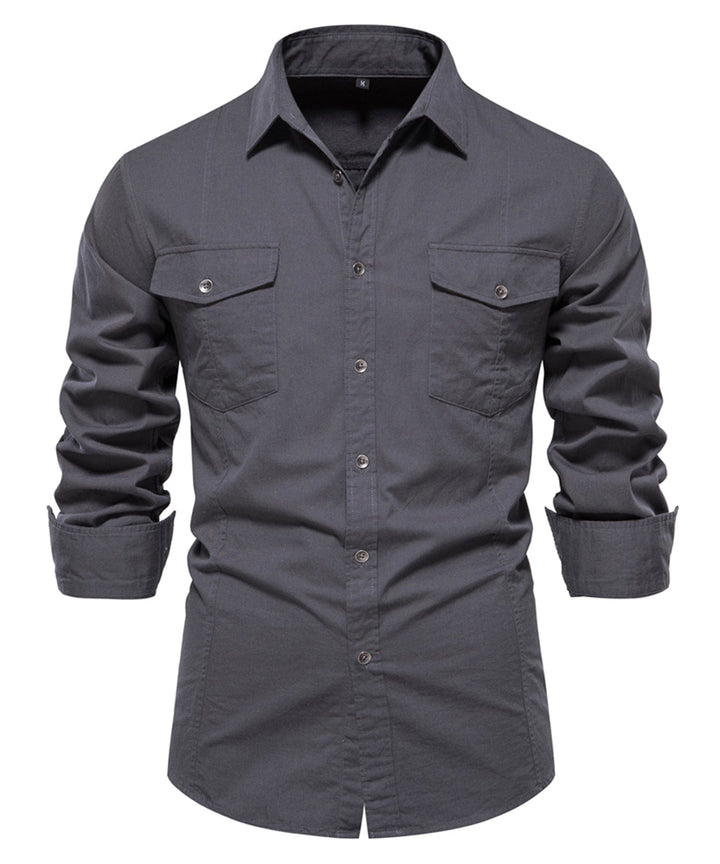 Premium men's casual shirt, grey cotton blend, perfect for everyday wear, shown on a mannequin.