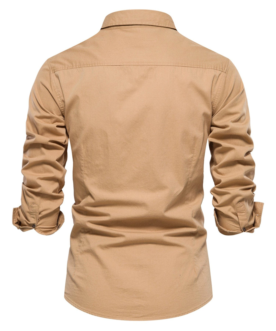 Detail of the collar and buttons on a men's classic short sleeve cotton blend shirt.