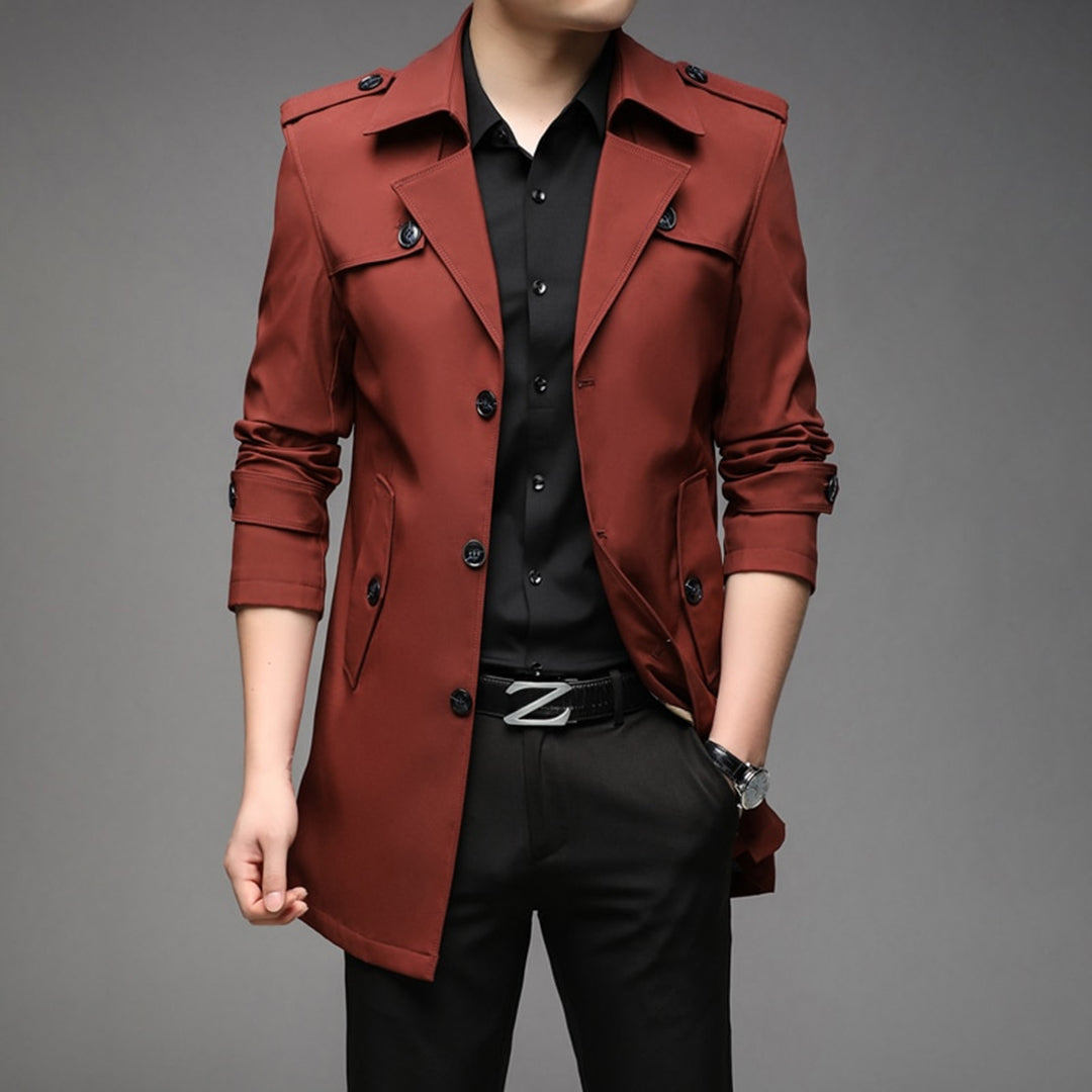 Close-up of a men's lightweight single-breasted trench coat, highlighting fabric and button detail