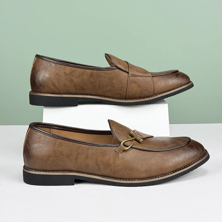Men's dress casual slip-on bit loafers, crafted from premium brown leather.