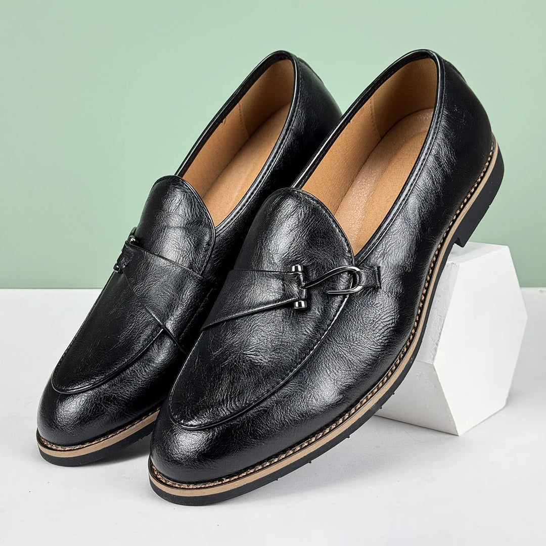 Brown leather men's slip-on bit loafers, stylish and versatile dress shoes.