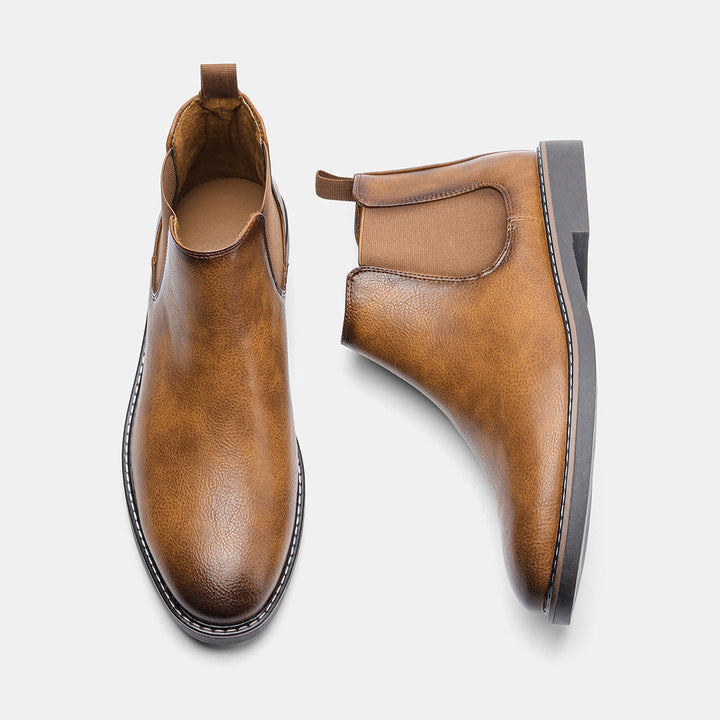 Close-up on the stitching detail of Men's Classic Chelsea Boots, highlighting quality craftsmanship