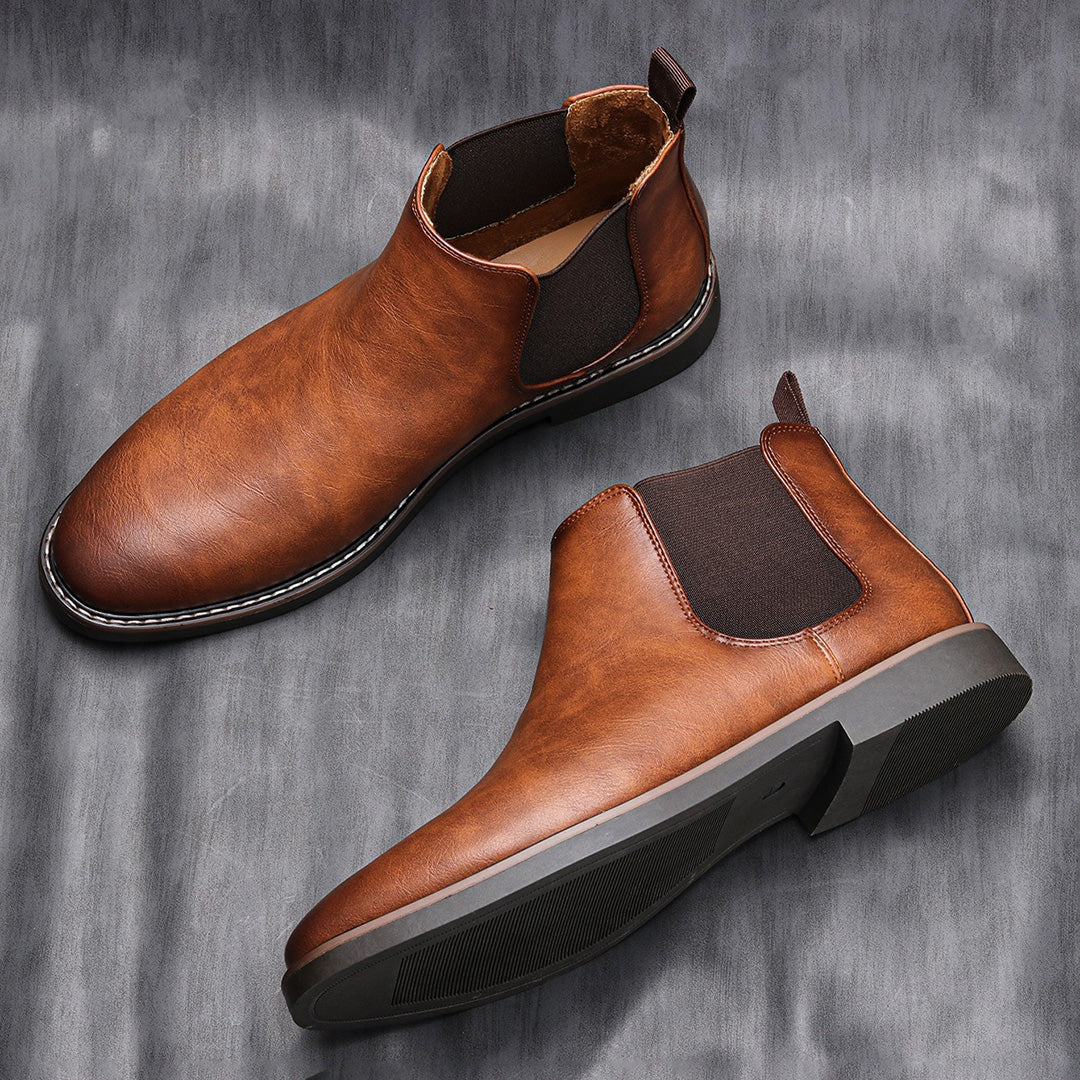 Men's dressy Chelsea Boots, vintage tan leather, side profile, ideal for smart casual outfits