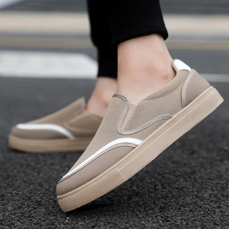Men's casual footwear: slip-on deck loafers in khaki, great for relaxed style.