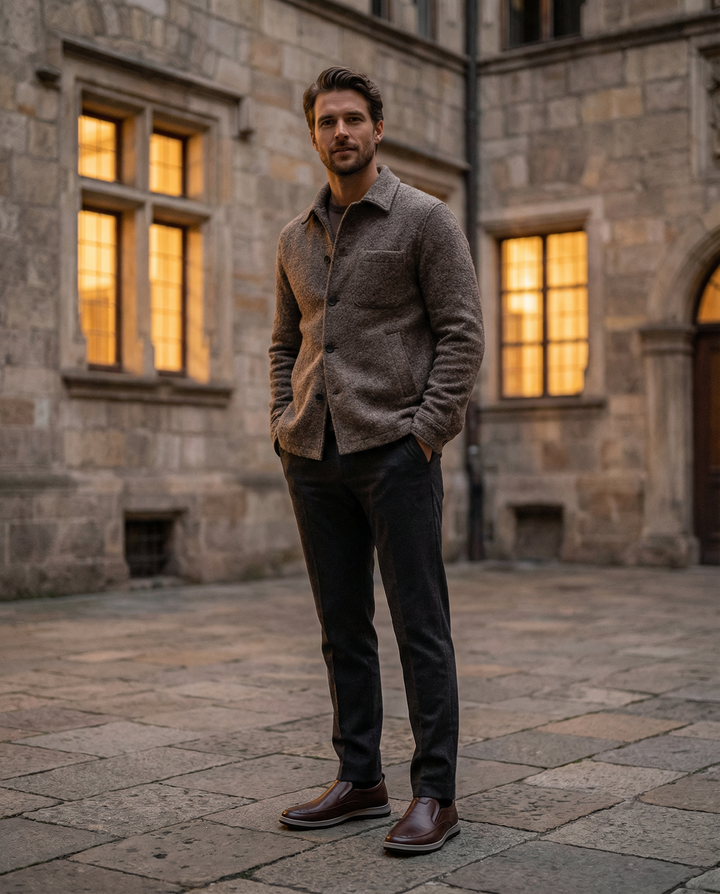 Front view of men's classic leather slip-on loafers, showcasing quality craftsmanship