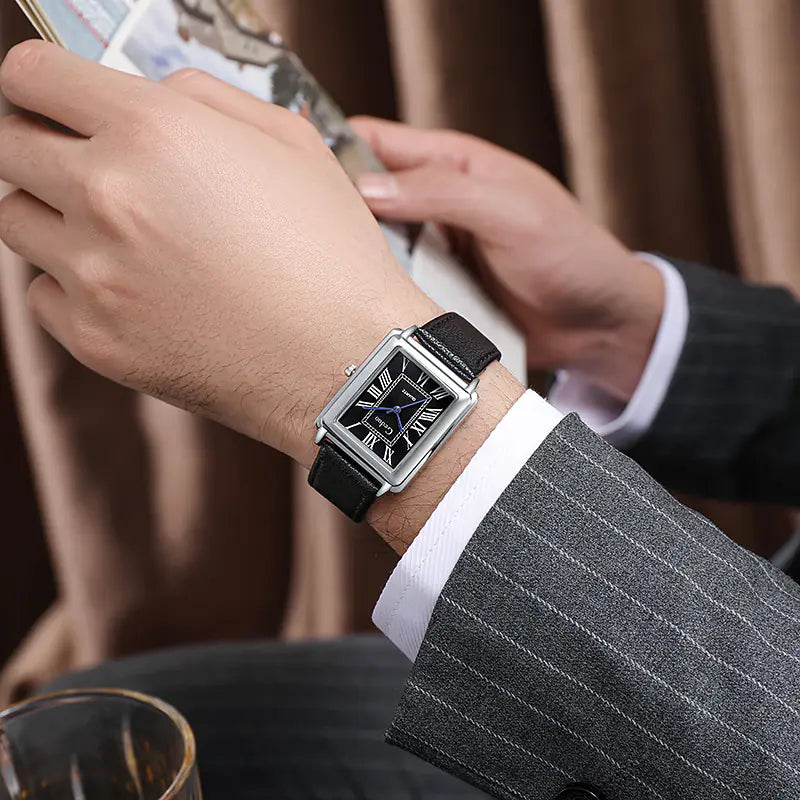 Professional men's quartz square watch featuring a sleek black face and textured leather band.