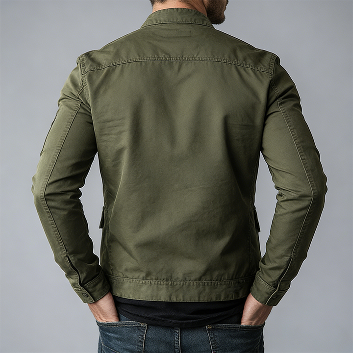 Comfortable men's mid-season jacket featuring a stand collar, full zipper, and practical pockets for daily wear.