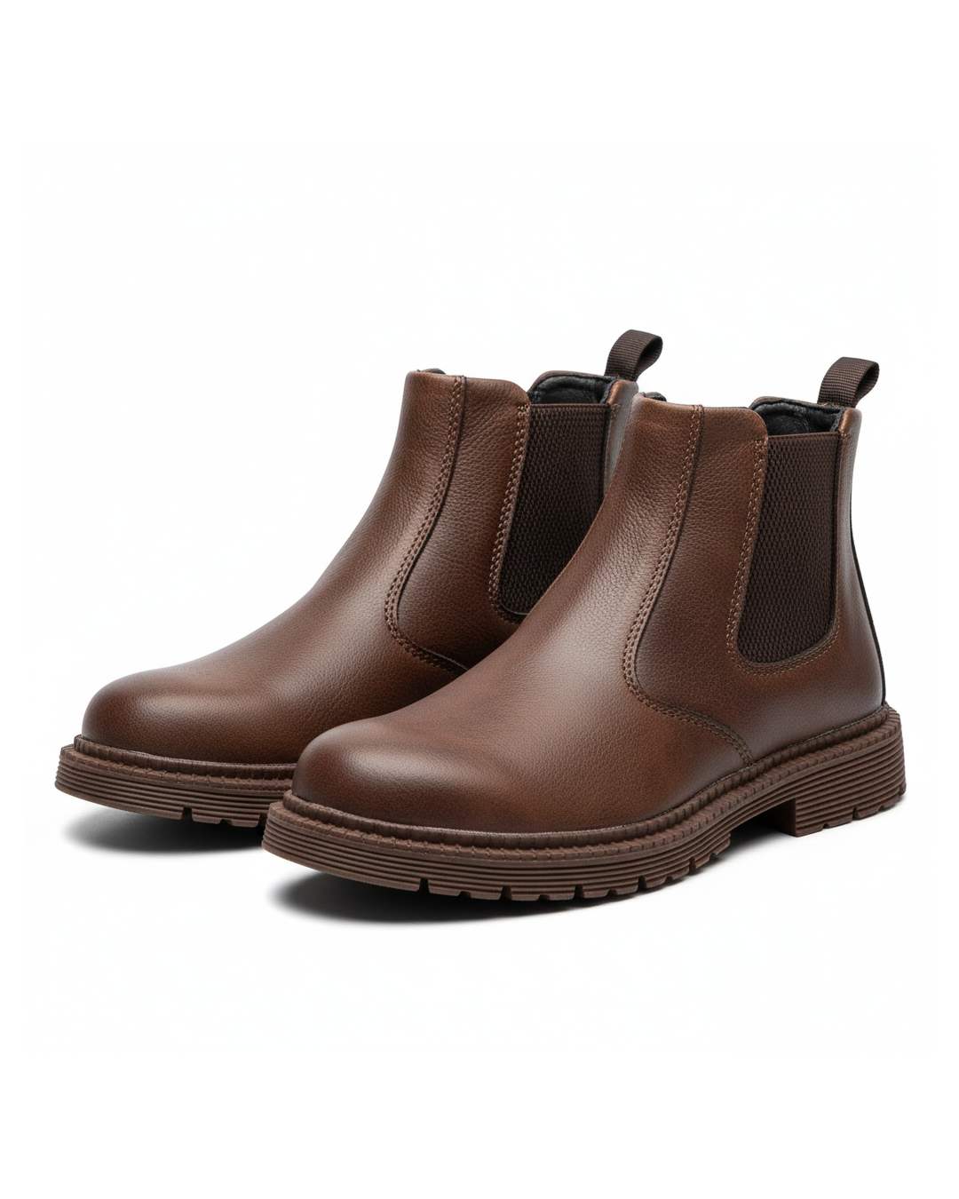 Men's classic steel toe Chelsea work boots in durable brown leather, slip-resistant sole