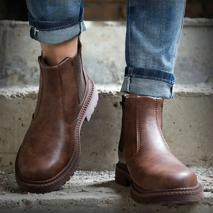 Side view of men's leather Chelsea work boots with elastic goring, perfect for tradesmen