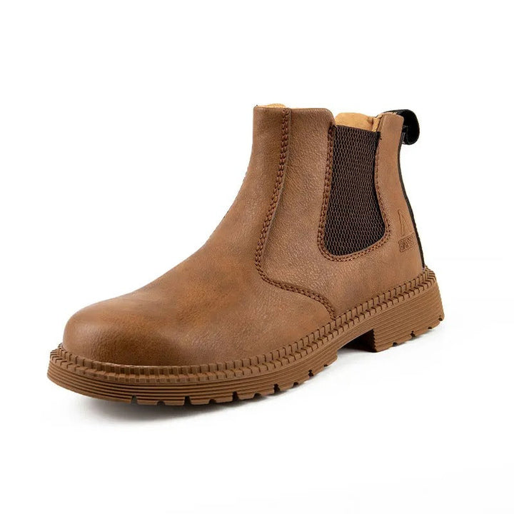 Detail of the comfortable elastic side panel on men's steel toe Chelsea work boots