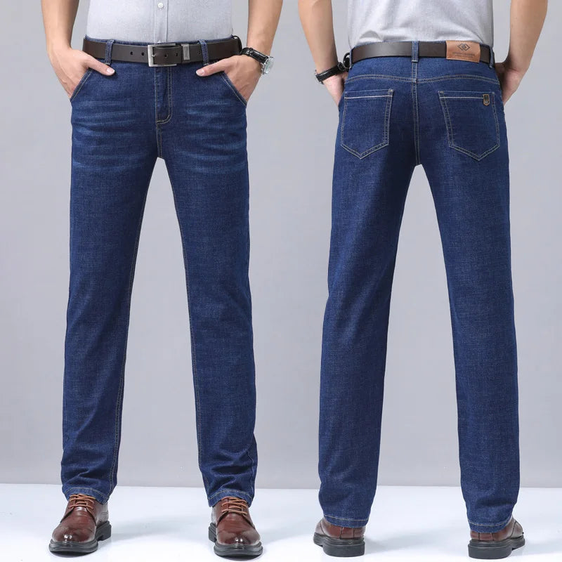 Premium cotton men's denim jeans in a dark wash, perfect for versatile everyday men's fashion.