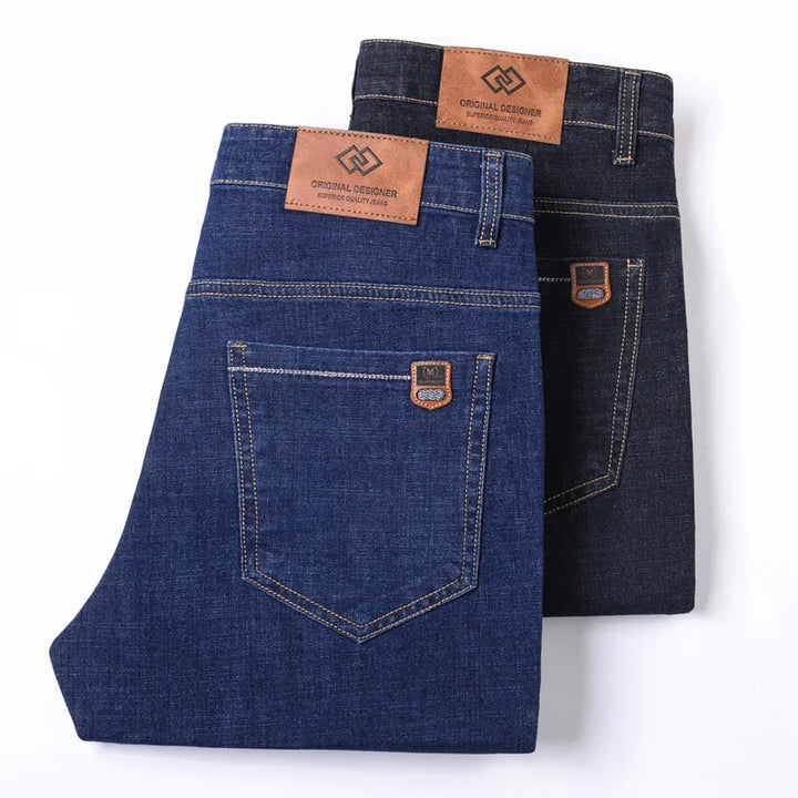 Men's cotton denim jeans in a versatile dark wash, showcasing a quality straight fit design.