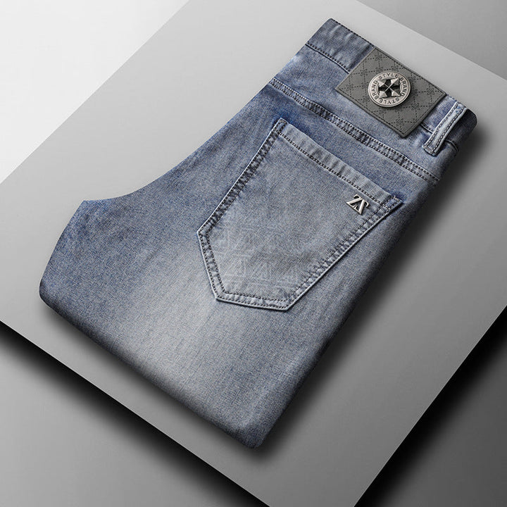 Durable men's stretch denim jeans, straight fit, showcasing a timeless design for everyday fashion.