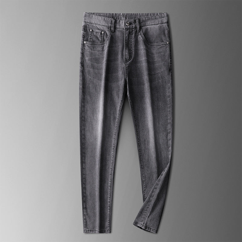 Full-length view of men's straight-fit stretch denim jeans, perfect for comfortable and stylish casual wear.