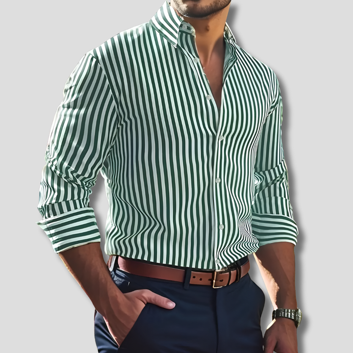 Men's striped button-up shirt, a stylish and versatile long-sleeve top for smart casual to formal looks.