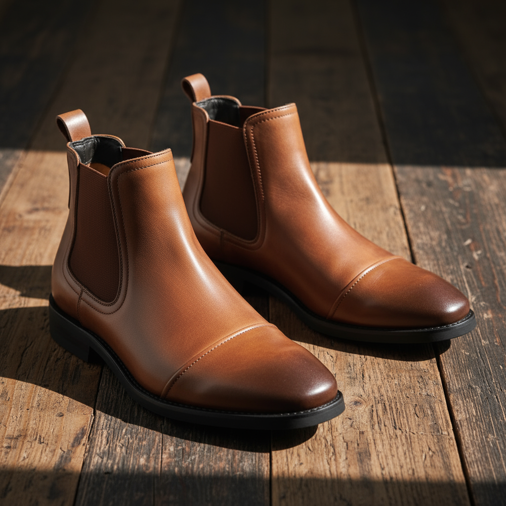 Close-up of a men's black full grain leather Chelsea boot, highlighting the quality and stitching details.