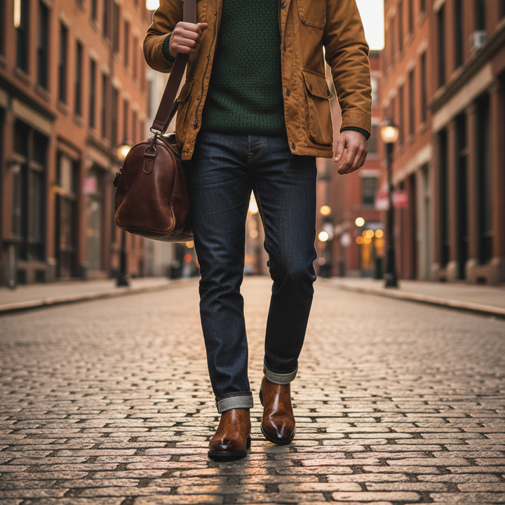 Durable men's dark brown leather Chelsea boots, featuring a slip-resistant sole and comfortable fit.
