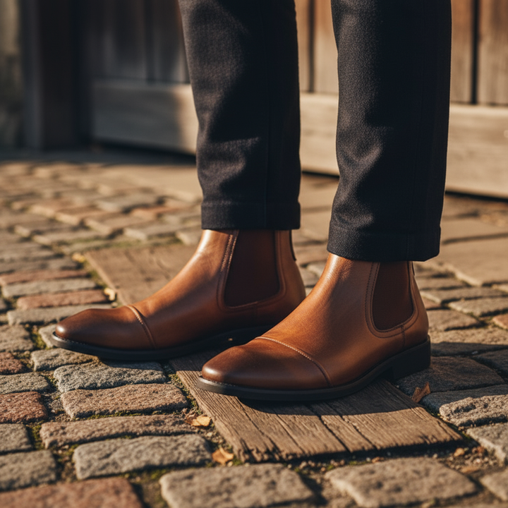 Men's classic Chelsea boots in a rich oxblood leather, ideal for both dressy and everyday outfits.