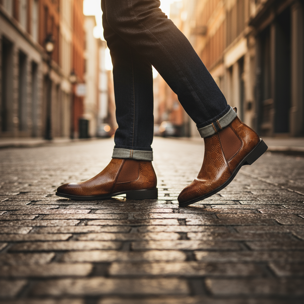 Close-up of the rich leather texture on men's classic Chelsea boots, showcasing quality craftsmanship.