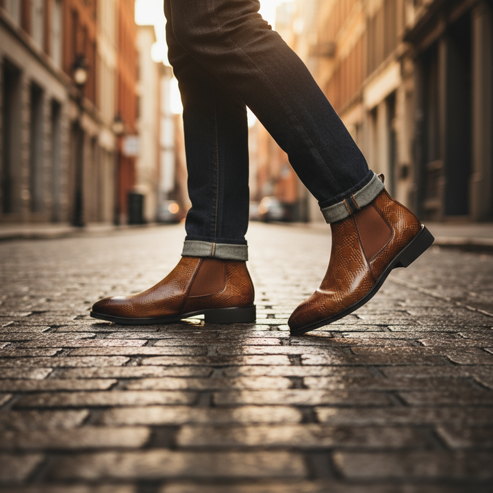 Close-up of the rich leather texture on men's classic Chelsea boots, showcasing quality craftsmanship.