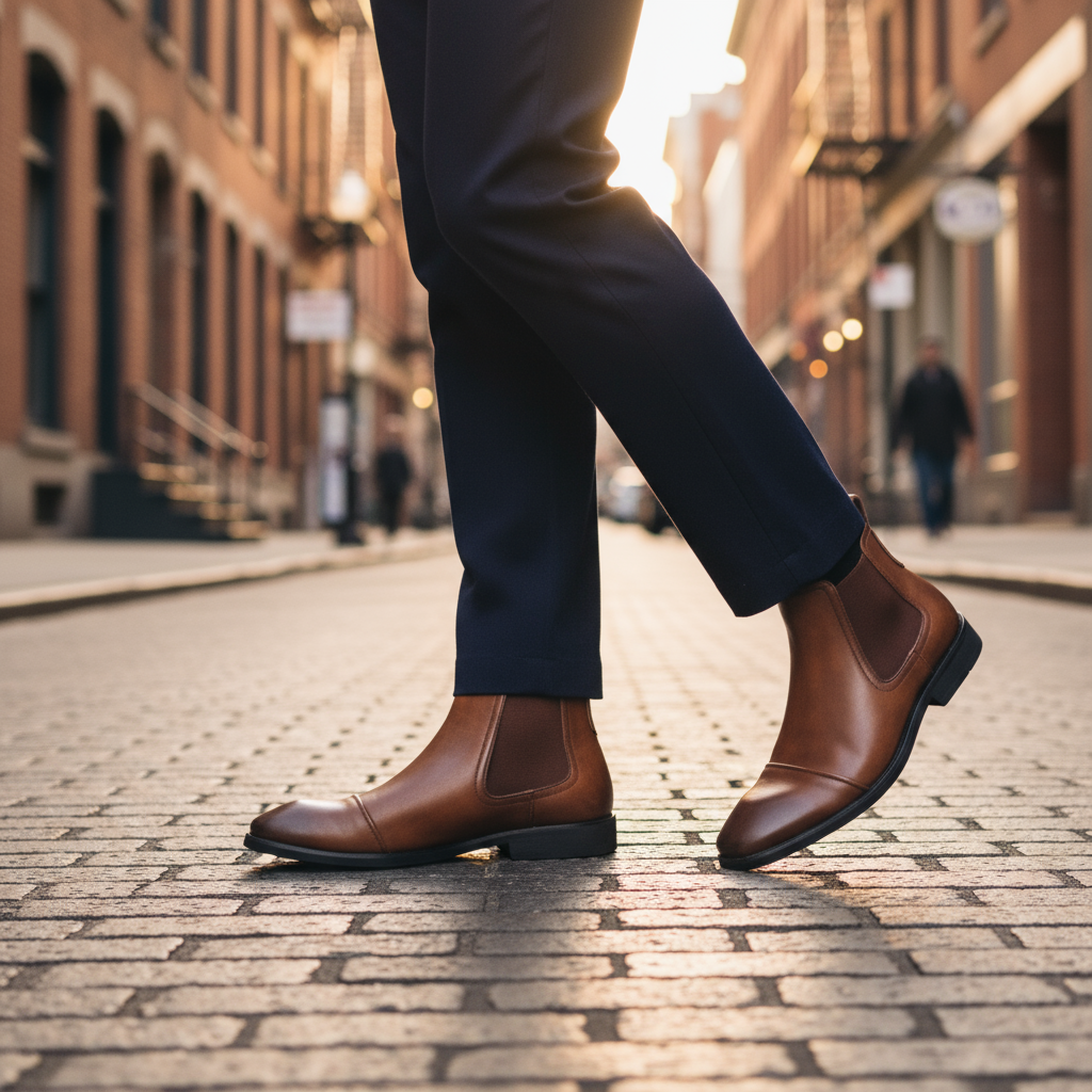 Side view of a men's sophisticated gray leather Chelsea boot, emphasizing the smooth finish and ankle height.