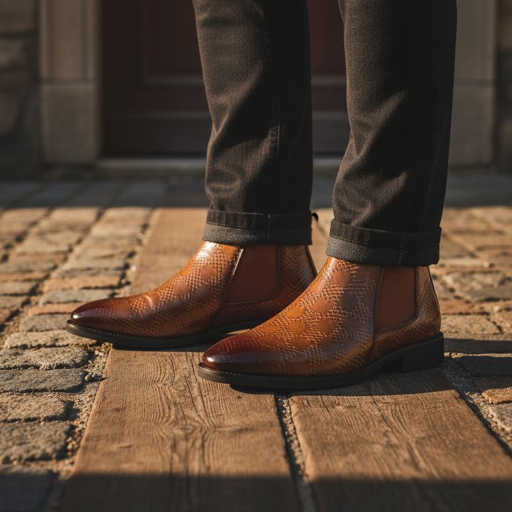 Side view of mens Chelsea boots in a distressed brown leather, a timeless and durable footwear choice.