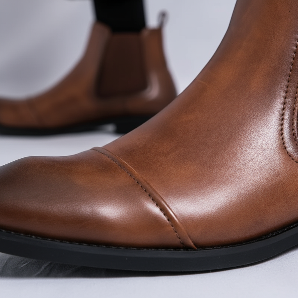 Men's durable black leather Chelsea boots with a sturdy sole, suitable for various occasions.