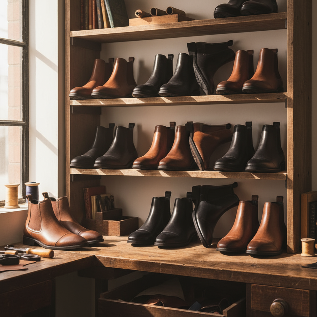 Front view of men's tan leather Chelsea boots, showing the almond toe and polished appearance.