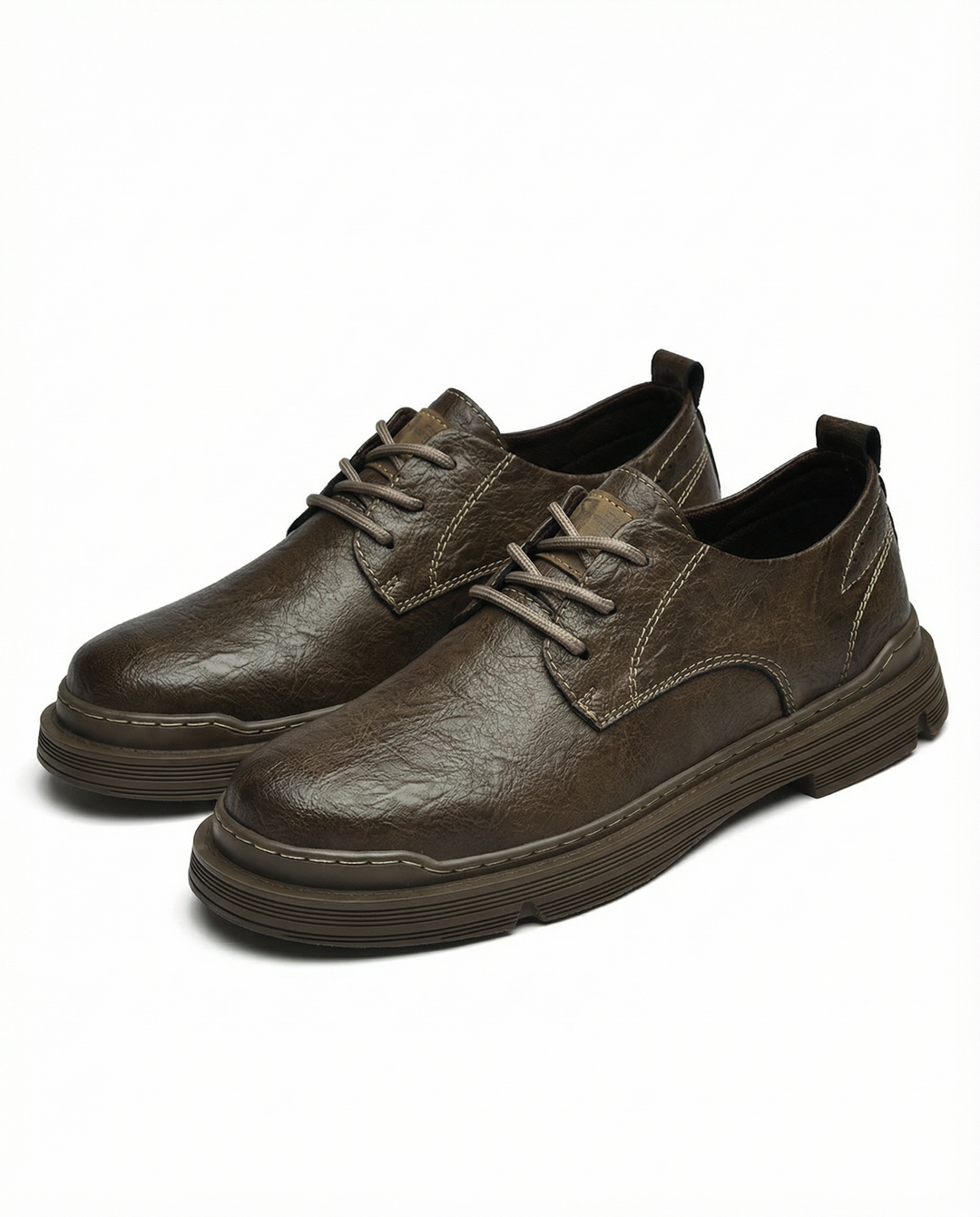 Men's classic tan leather derby shoes, 3/4 view, suitable for formal or casual outfits