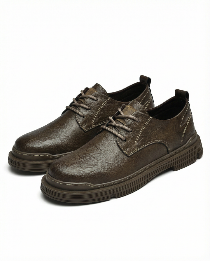 Men's classic tan leather derby shoes, 3/4 view, suitable for formal or casual outfits