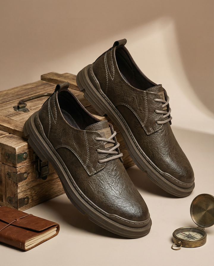 Pair of men's brown durable leather derby shoes, side view, perfect for everyday wear