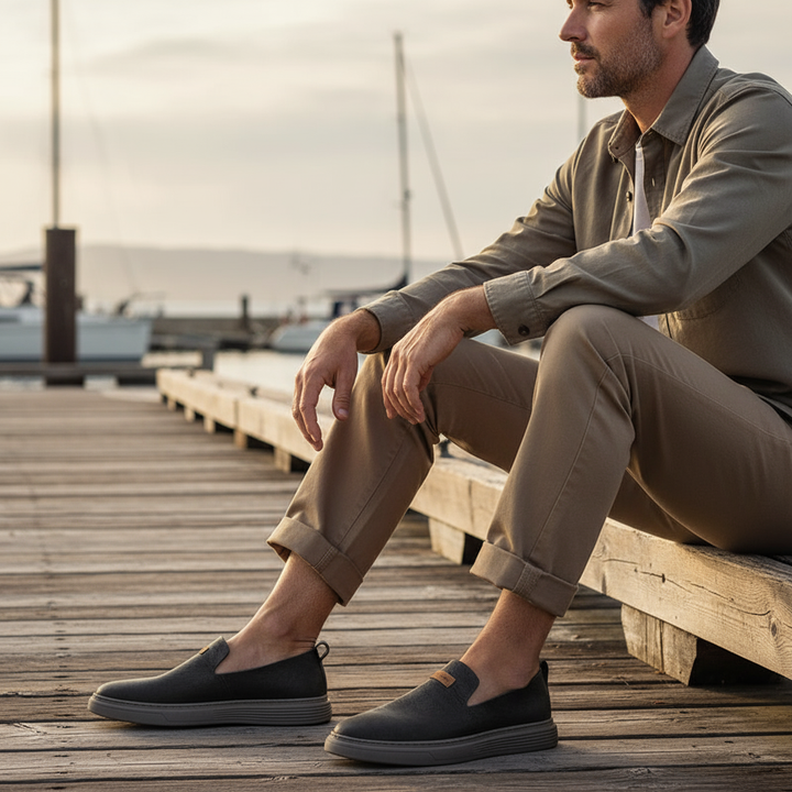 Elevated men's casual navy leather loafers, a versatile slip-on shoe for everyday fashion
