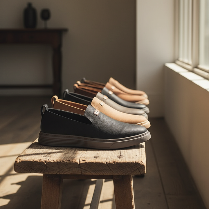 Top view of men's classic leather loafers, highlighting the timeless design and quality material