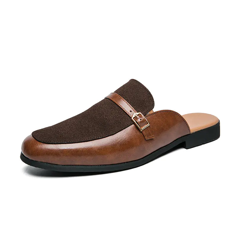 Men's classic tan leather mule slippers with a stylish silver buckle detail, ideal for comfort and casual wear.