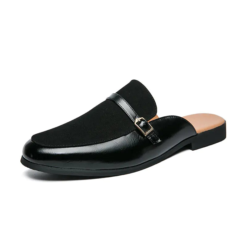 Comfortable men's slip-on mule slippers in rich brown leather, featuring a prominent buckle, perfect for indoor/outdoor.