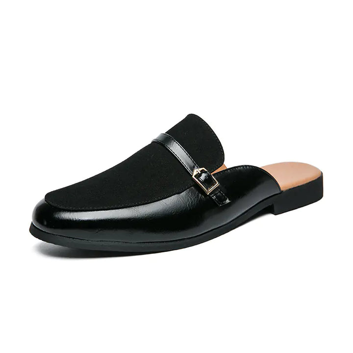 Comfortable men's slip-on mule slippers in rich brown leather, featuring a prominent buckle, perfect for indoor/outdoor.
