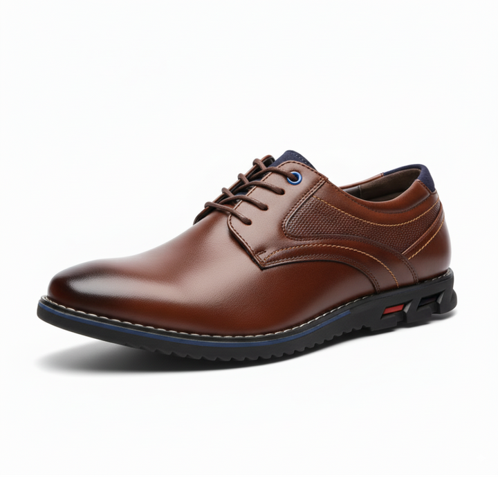 Close-up of men's black leather dress shoes, showcasing the polished finish and classic almond toe design.