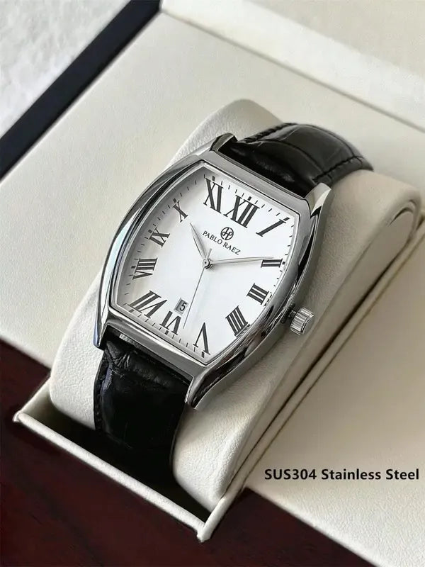 Stylish men's classic tonneau watch with durable stainless steel, black leather strap, ideal for formal wear