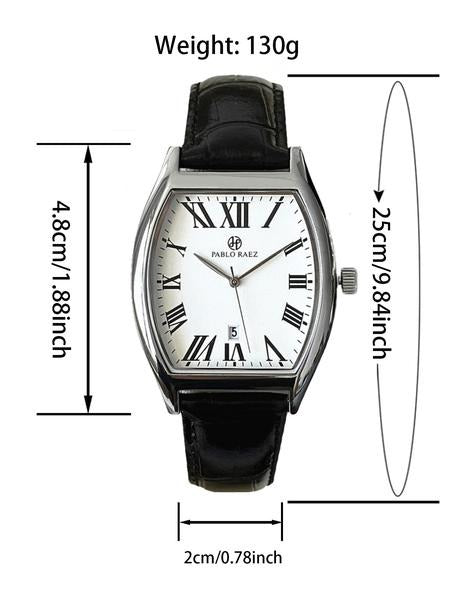 Men's accessory: Classic tonneau stainless steel watch with black leather strap, showcasing timeless design