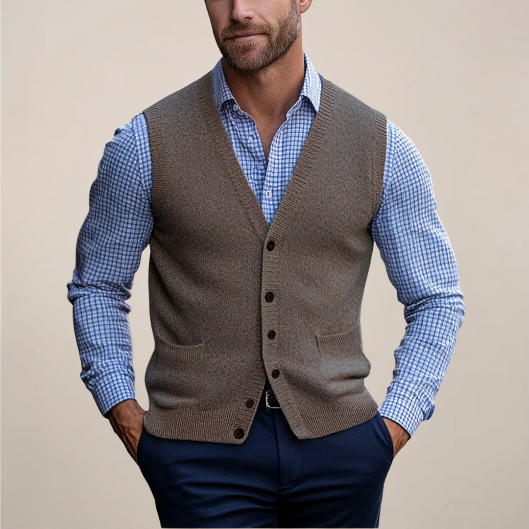 Men's classic V-neck buttoned knit sweater vest in a neutral color, perfect for layering.