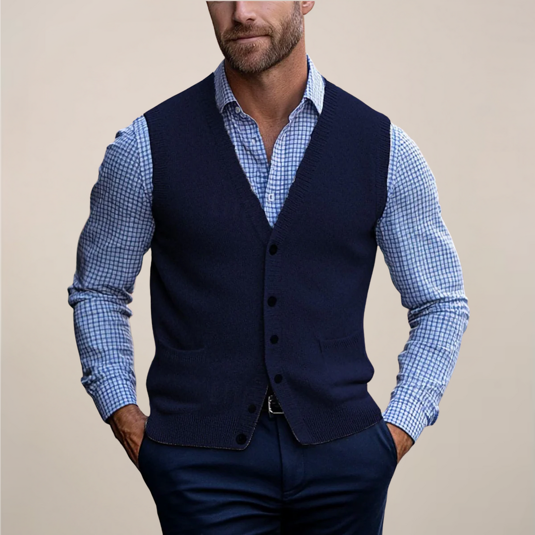 Front view of a men's V-neck knitwear vest with button-front closure, suitable for varied outfits.
