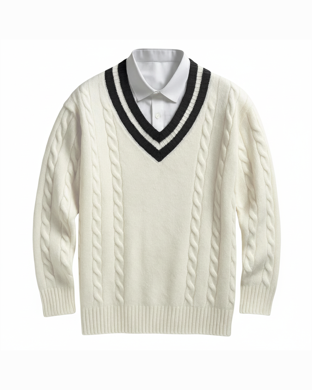 Men's classic V-neck cable knit sweater in a rich solid color, perfect for casual fall wear.