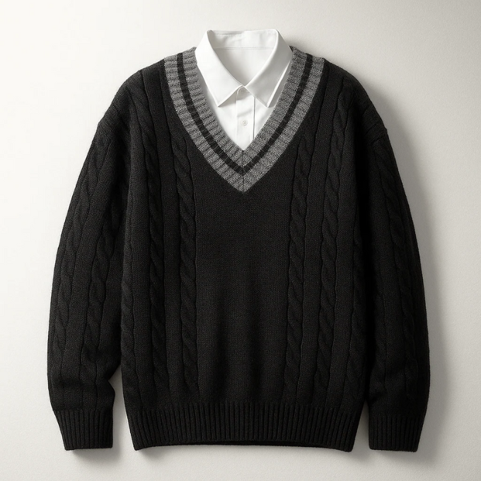 Close-up of a men's v-neck cable knit sweater, showcasing the detailed knitted texture and striped neckline.