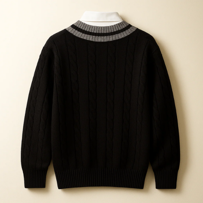 Stylish men's V-neck cable knit sweater, an essential for winter apparel and classic everyday style.