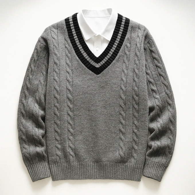 Men's casual V-neck cable knit sweater, featuring prominent cable patterns and a relaxed fit.