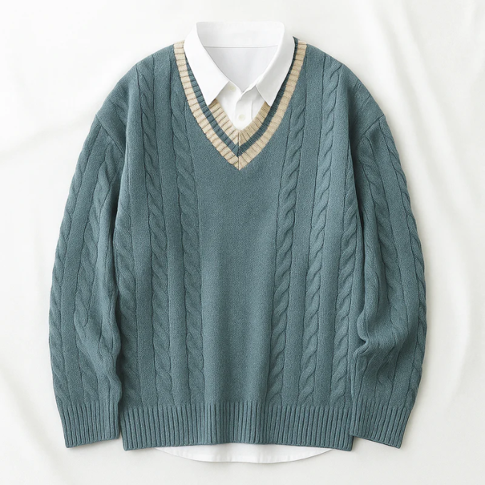 Soft men's V-neck cable knit sweater in a versatile color, ideal for layering during colder seasons.