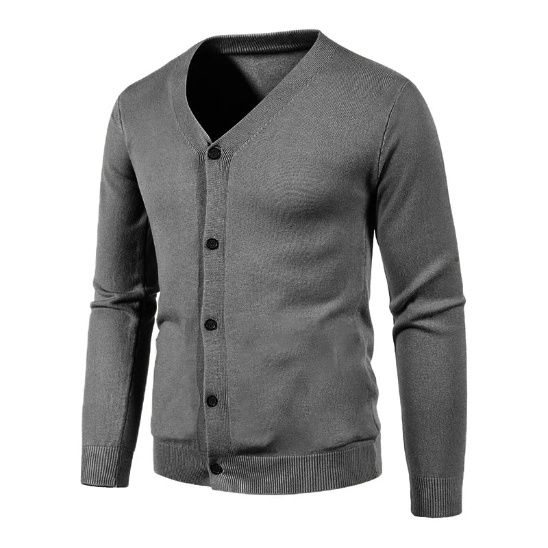 Detailed view of the V-neckline of a men's knit sweater, highlighting its classic design.