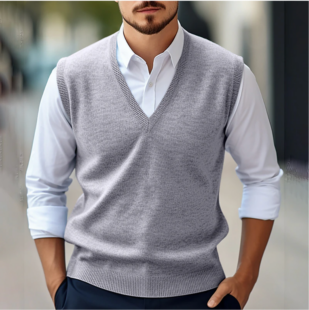 Stylish men's sleeveless V-neck knitwear vest, perfect for office wear and mens fashion outfits