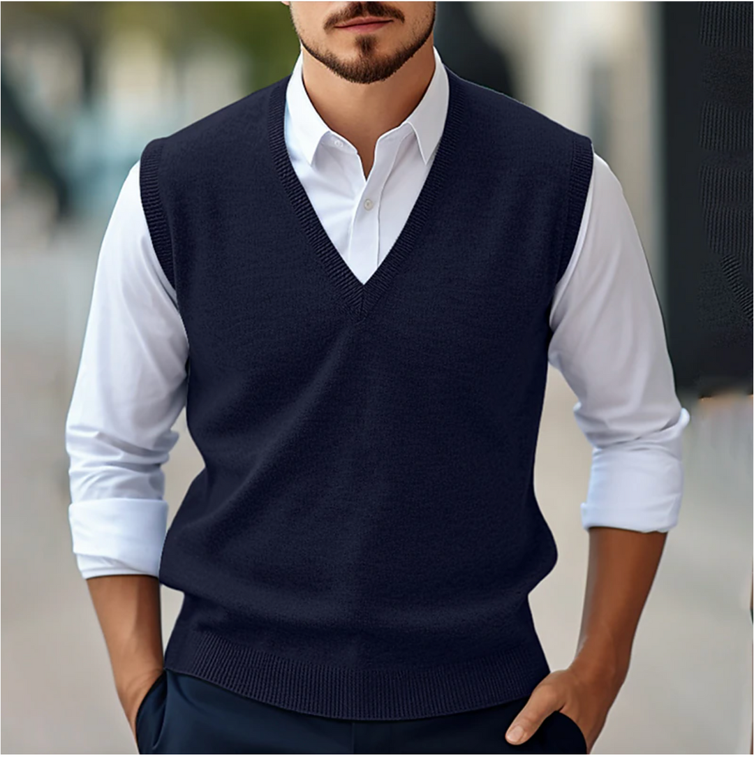 Formal men's V-neck knitwear vest in a classic style, ideal for layering in an office setting