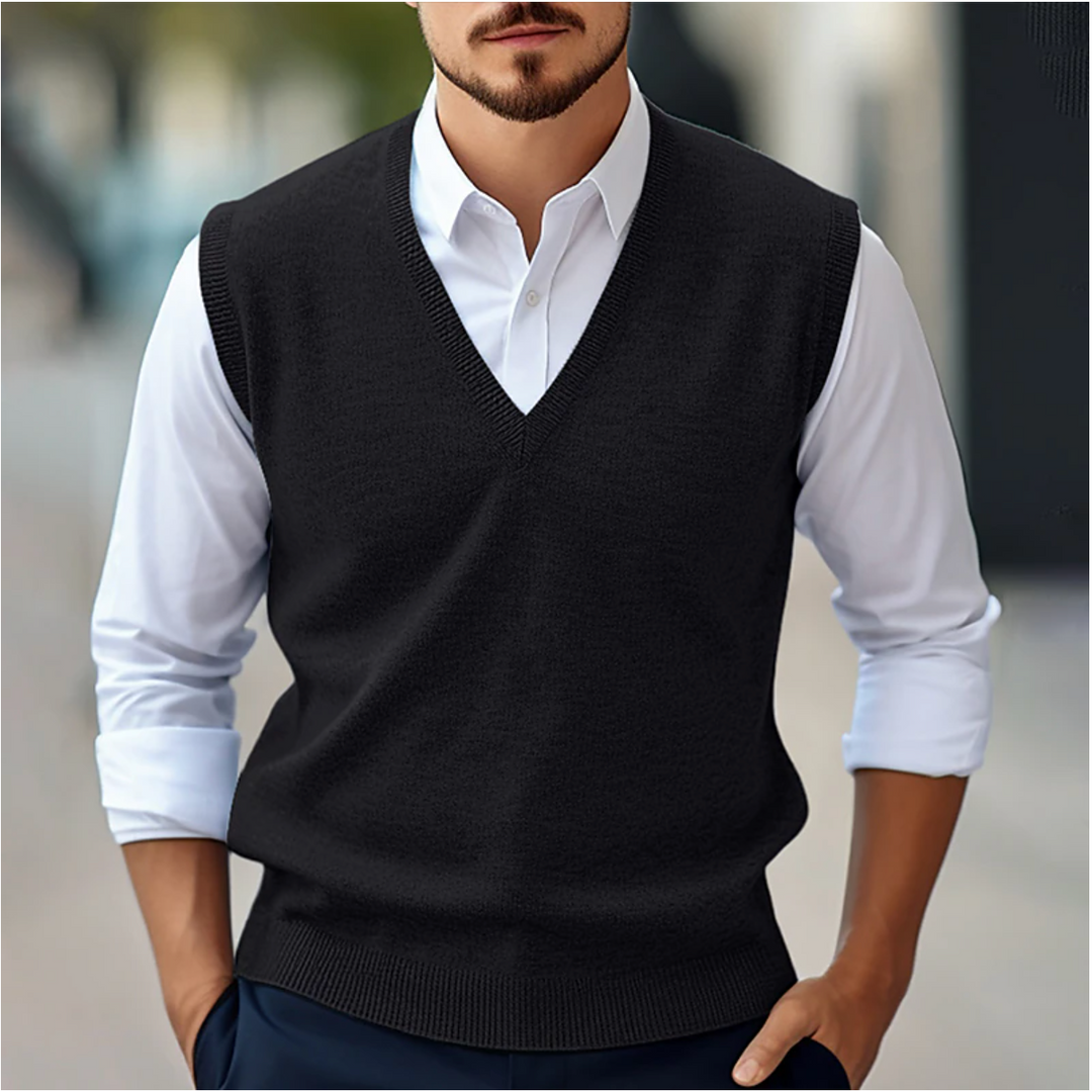Mens fashion V-neck knitwear vest, a classic sleeveless piece for office and formal attire
